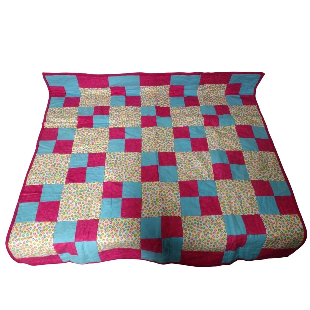 Handmade Quilted Baby Blanket Pink Blue Floral Patchwork Minky Dot Back 41x44